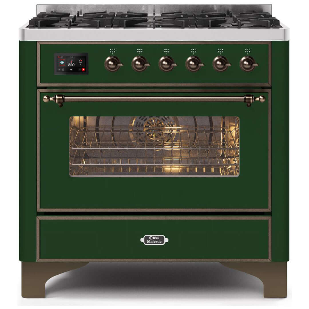 ILVE 36 in. Majestic II Series Freestanding Dual Fuel Single Oven Range with Color and Gas Options (UM096DNS3) with Emerald Door and Finish and Bronze Accents