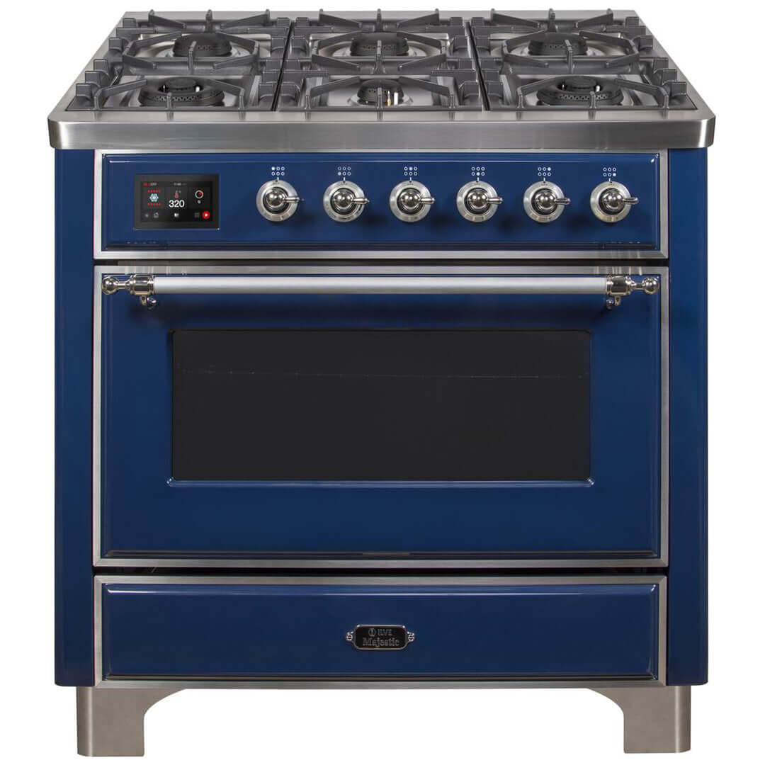 ILVE 36 in. Majestic II Series Freestanding Dual Fuel Single Oven Range with Color and Gas Options (UM096DNS3) with Midnight Blue Door and Finish and Chrome Accents