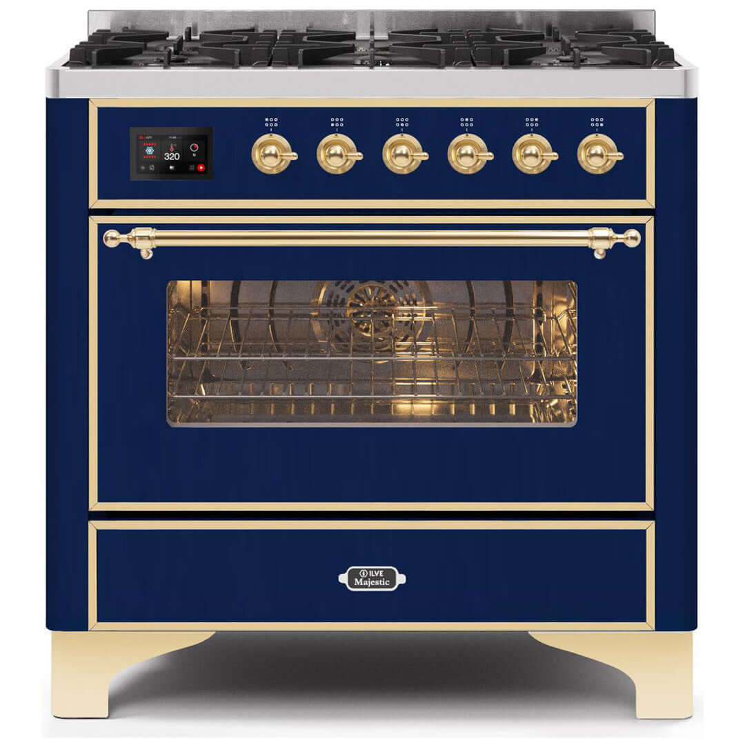 ILVE 36 in. Majestic II Series Freestanding Dual Fuel Single Oven Range with Color and Gas Options (UM096DNS3) with Midnight Blue Door and Finish and Brass Accents