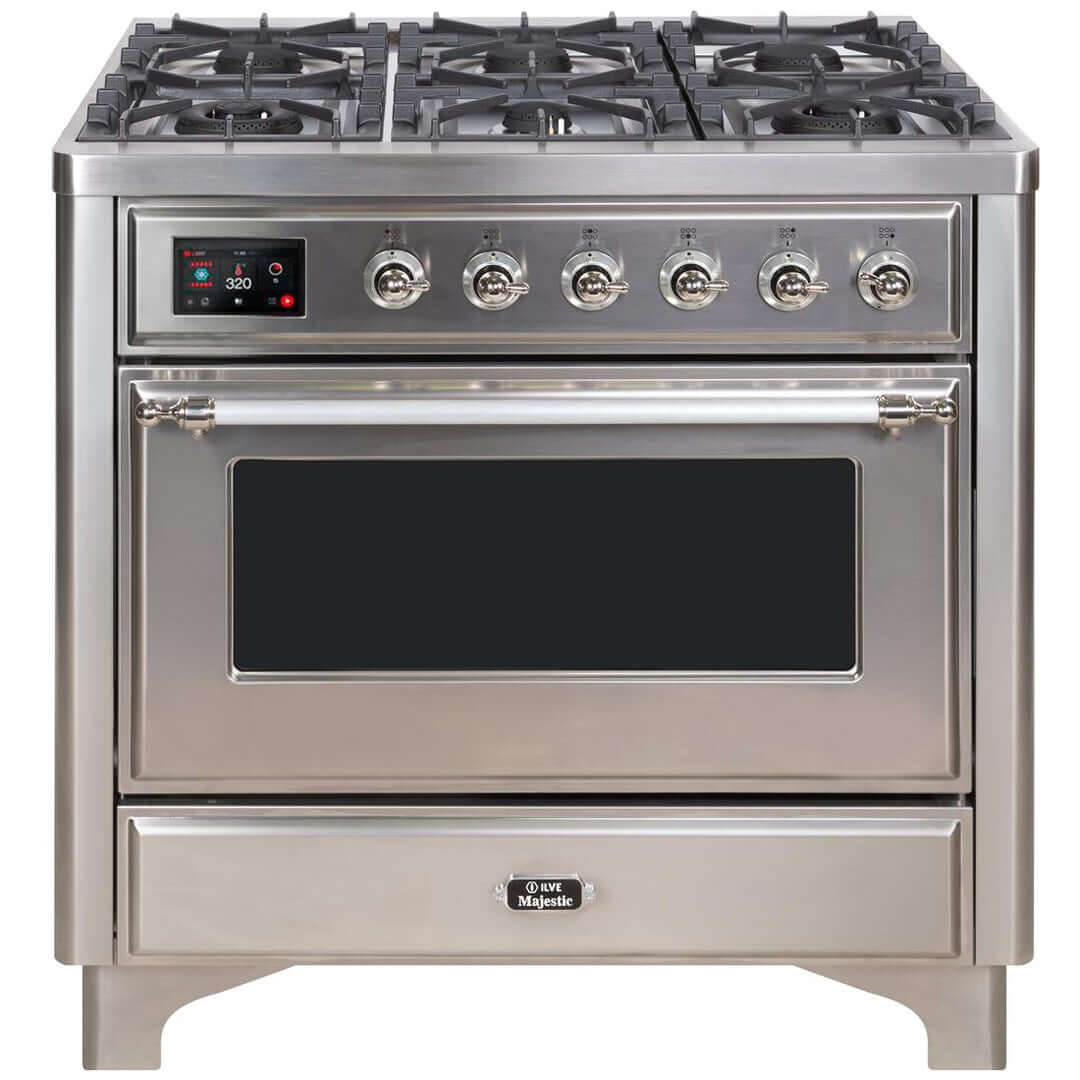 ILVE 36 in. Majestic II Series Freestanding Dual Fuel Single Oven Range with Color and Gas Options (UM096DNS3) with Stainless Steel Door and Finish and Chrome Accents