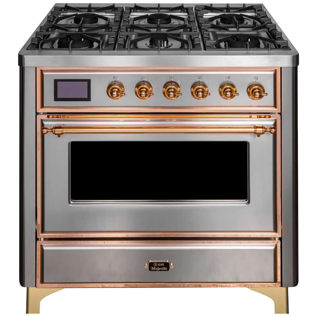 ILVE 36 in. Majestic II Series Freestanding Dual Fuel Single Oven Range with Color and Gas Options (UM096DNS3) with Stainless Steel Door and Finish and Brass Accents