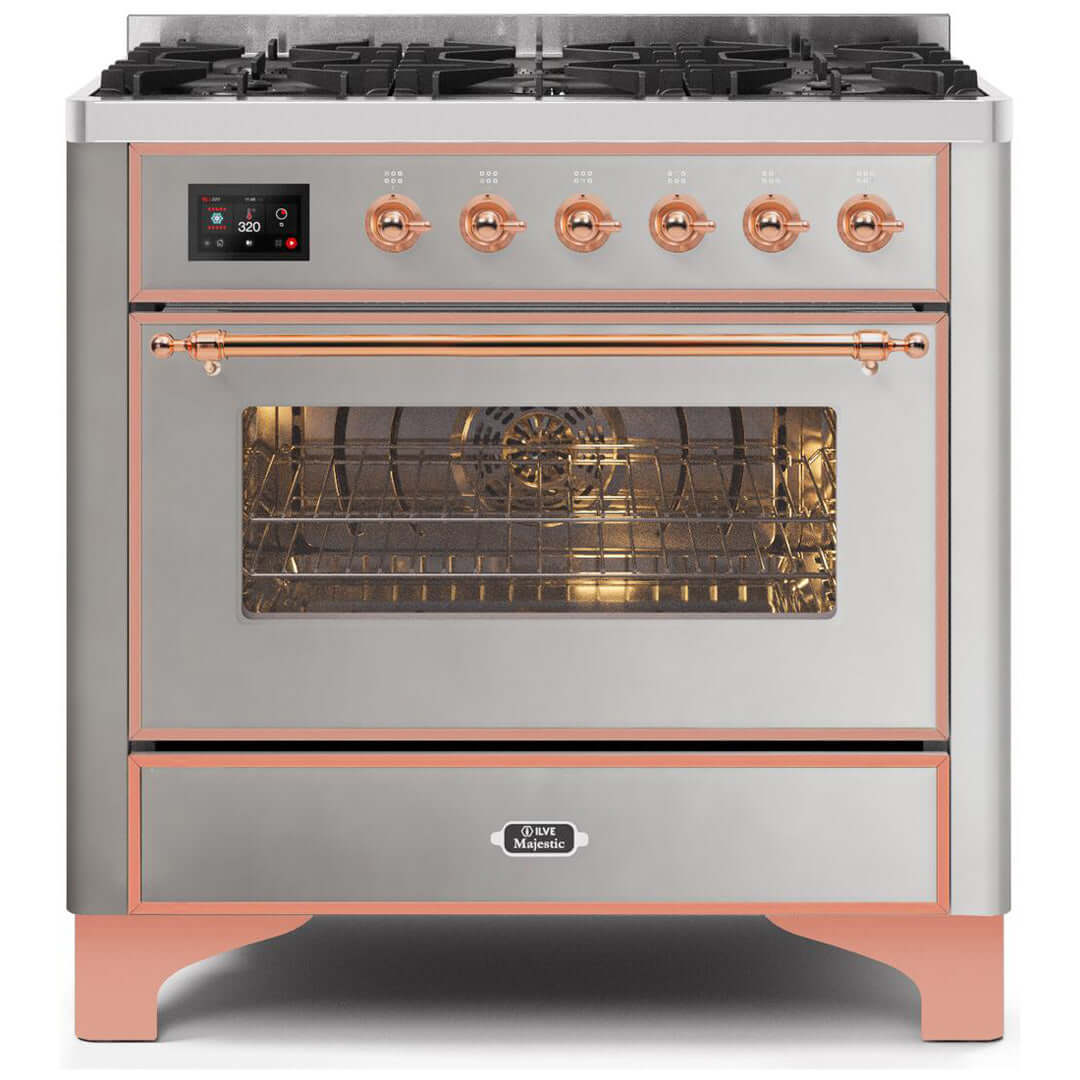 ILVE 36 in. Majestic II Series Freestanding Dual Fuel Single Oven Range with Color and Gas Options (UM096DNS3) with Stainless Steel Door and Finish and Copper Accents