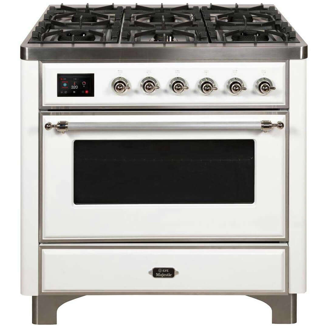 ILVE 36 in. Majestic II Series Freestanding Dual Fuel Single Oven Range with Color and Gas Options (UM096DNS3) with White Door and Finish and Chrome Accents