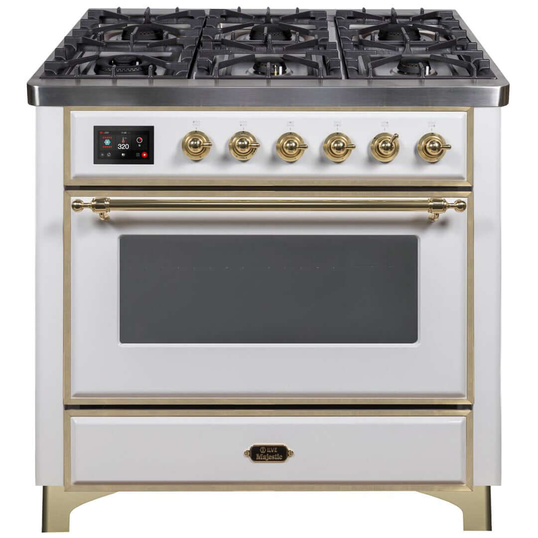 ILVE 36 in. Majestic II Series Freestanding Dual Fuel Single Oven Range with Color and Gas Options (UM096DNS3) with White Door and Finish and Brass Accents