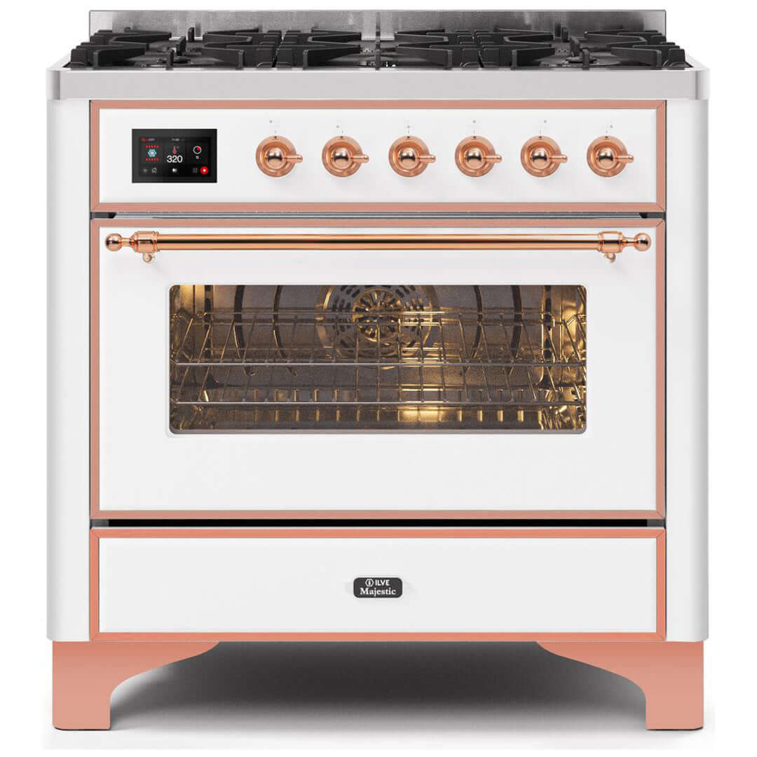 ILVE 36 in. Majestic II Series Freestanding Dual Fuel Single Oven Range with Color and Gas Options (UM096DNS3) with White Door and Finish and Copper Accents
