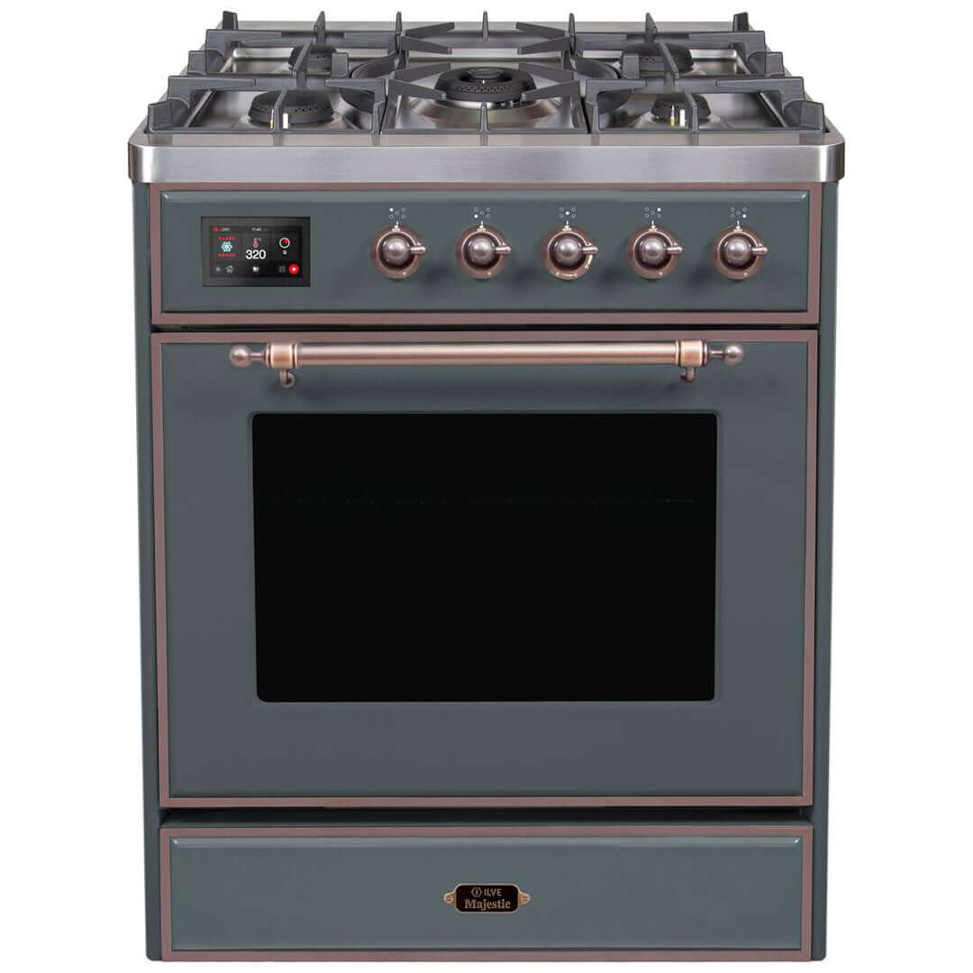 ILVE 30 in. Majestic II Series Freestanding Dual Fuel Single Oven Range with Color and Gas Options (UM30DNE3) with Blue Grey Door and Finish and Bronze Accents