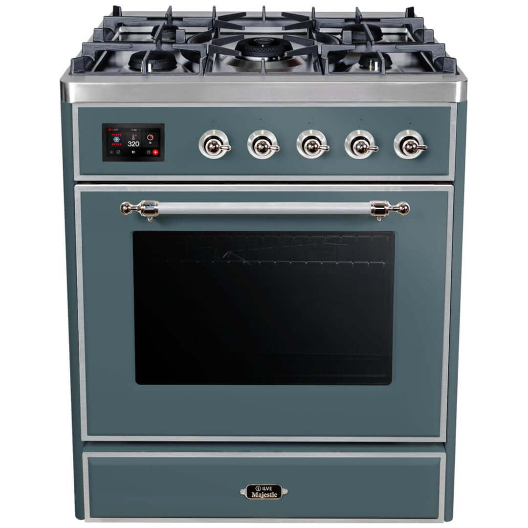 ILVE 30 in. Majestic II Series Freestanding Dual Fuel Single Oven Range with Color and Gas Options (UM30DNE3) with Blue Grey Door and Finish and Chrome Accents