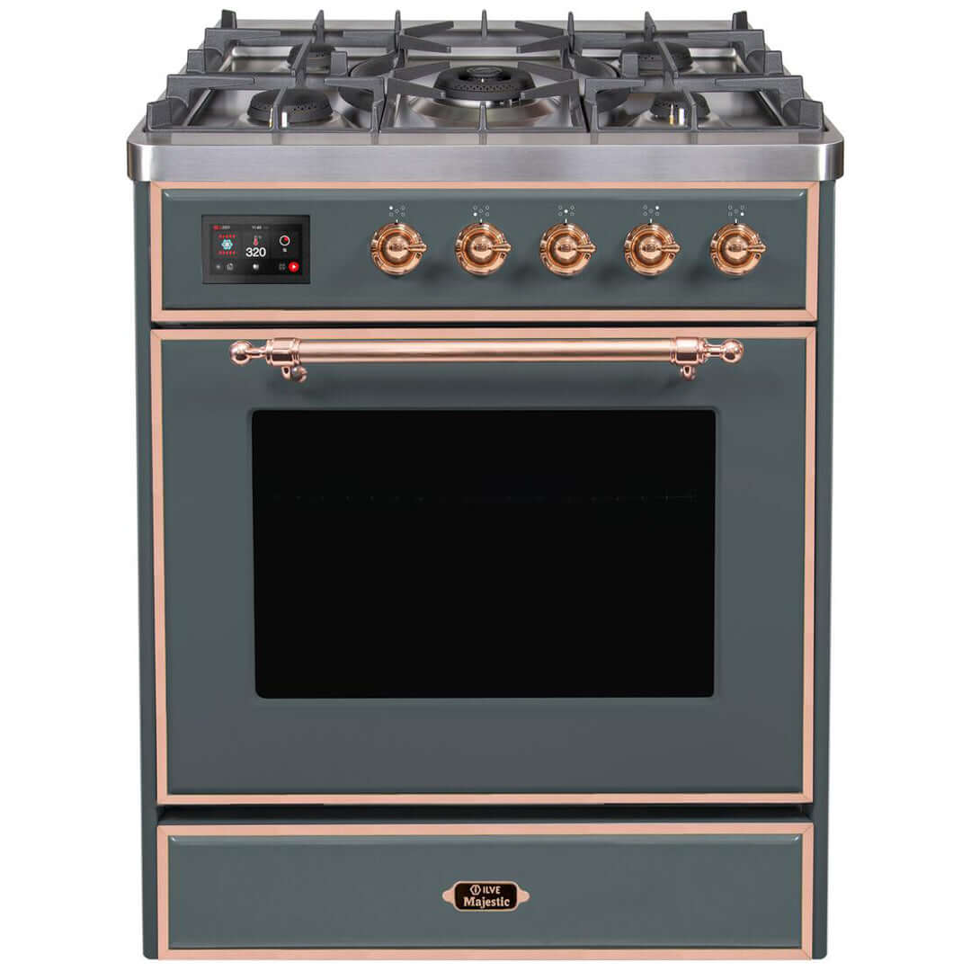ILVE 30 in. Majestic II Series Freestanding Dual Fuel Single Oven Range with Color and Gas Options (UM30DNE3) with Blue Grey Door and Finish and Copper Accents