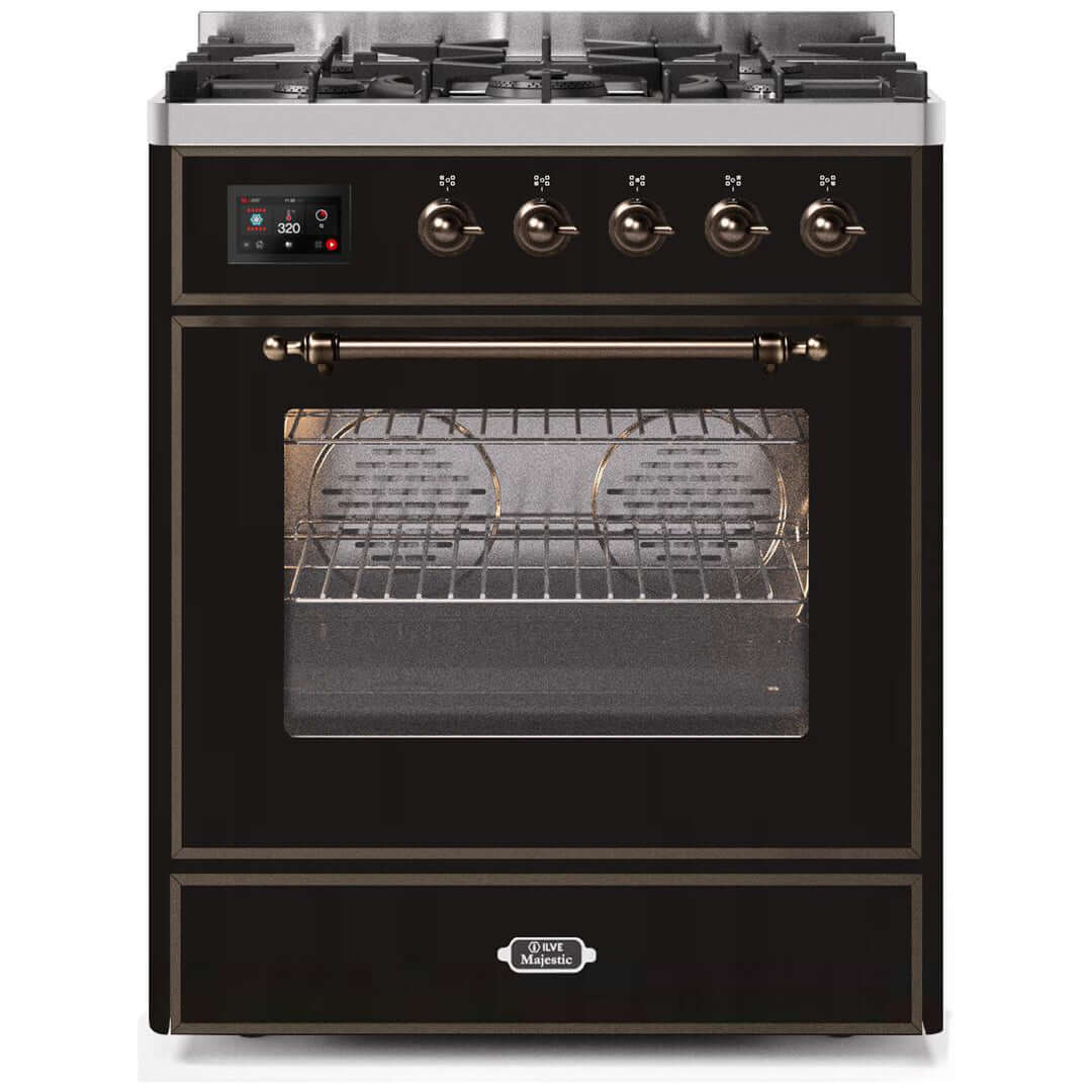 ILVE 30 in. Majestic II Series Freestanding Dual Fuel Single Oven Range with Color and Gas Options (UM30DNE3) with Glossy Black Door and Finish and Bronze Accents