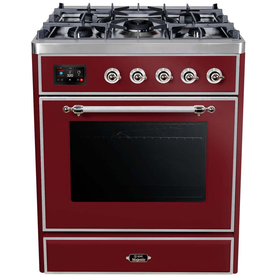 ILVE 30 in. Majestic II Series Freestanding Dual Fuel Single Oven Range with Color and Gas Options (UM30DNE3) with Burgundy Door and Finish and Chrome Accents