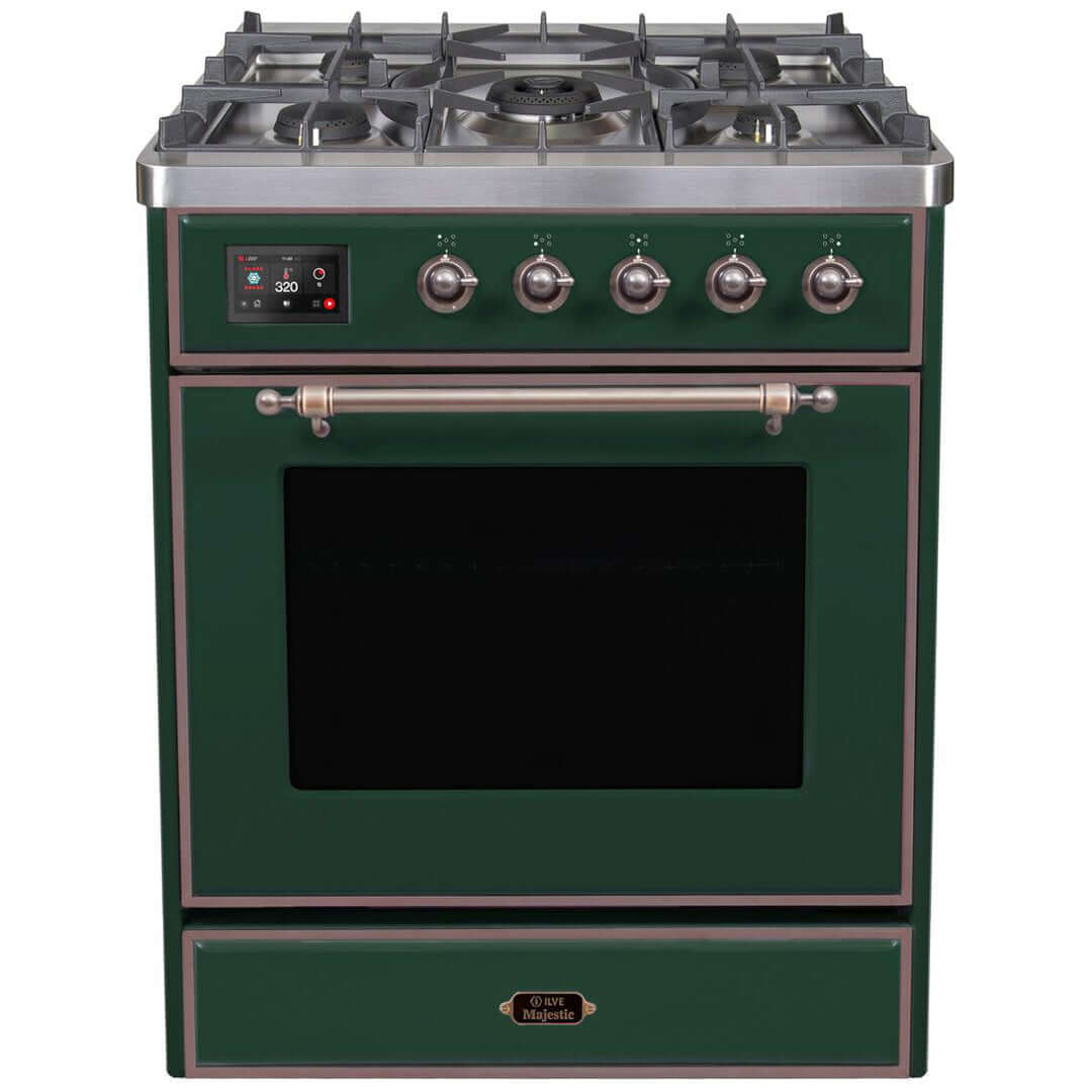 ILVE 30 in. Majestic II Series Freestanding Dual Fuel Single Oven Range with Color and Gas Options (UM30DNE3) with Emerald Door and Finish and Bronze Accents 