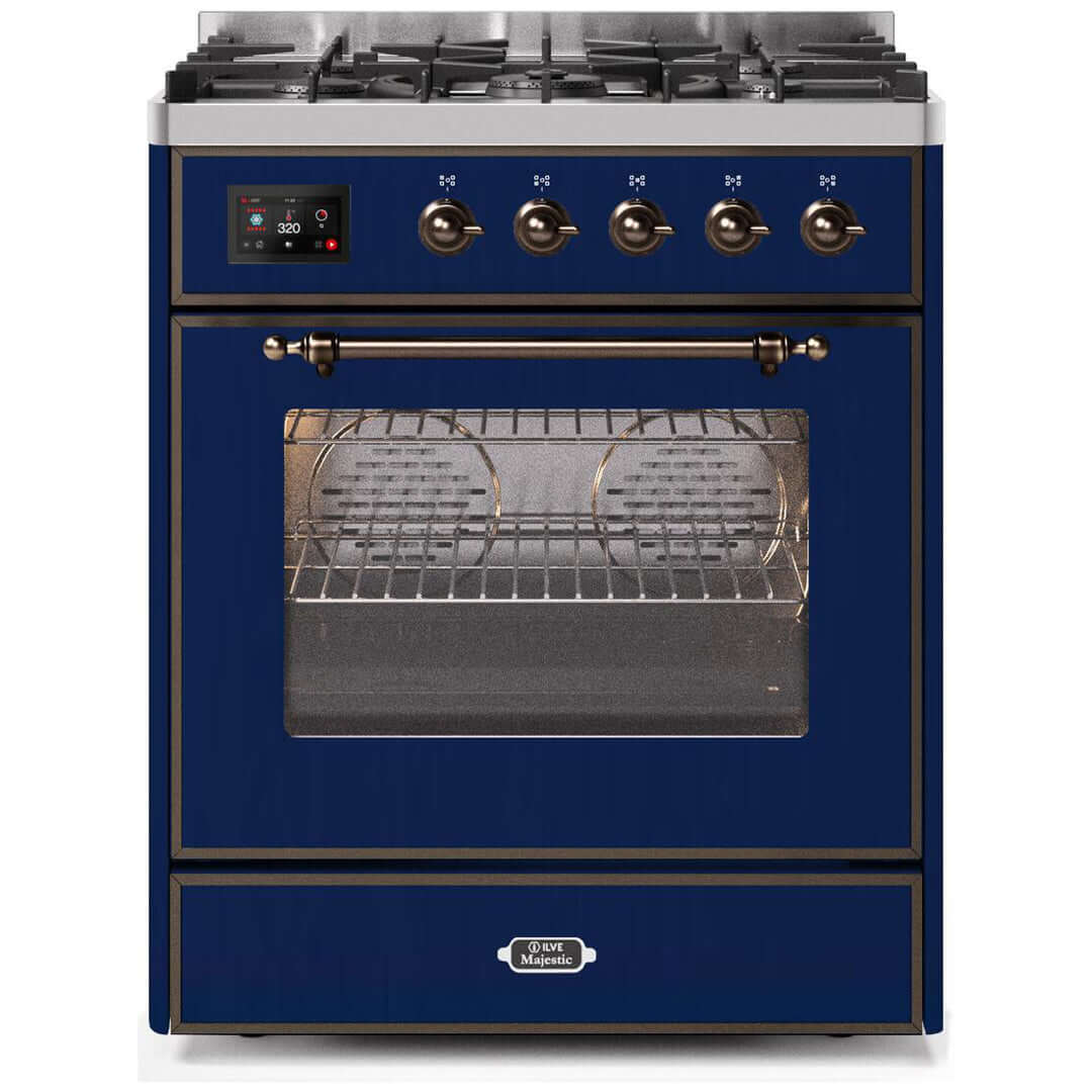 ILVE 30 in. Majestic II Series Freestanding Dual Fuel Single Oven Range with Color and Gas Options (UM30DNE3) with Midnight Blue Door and Finish and Bronze Accents