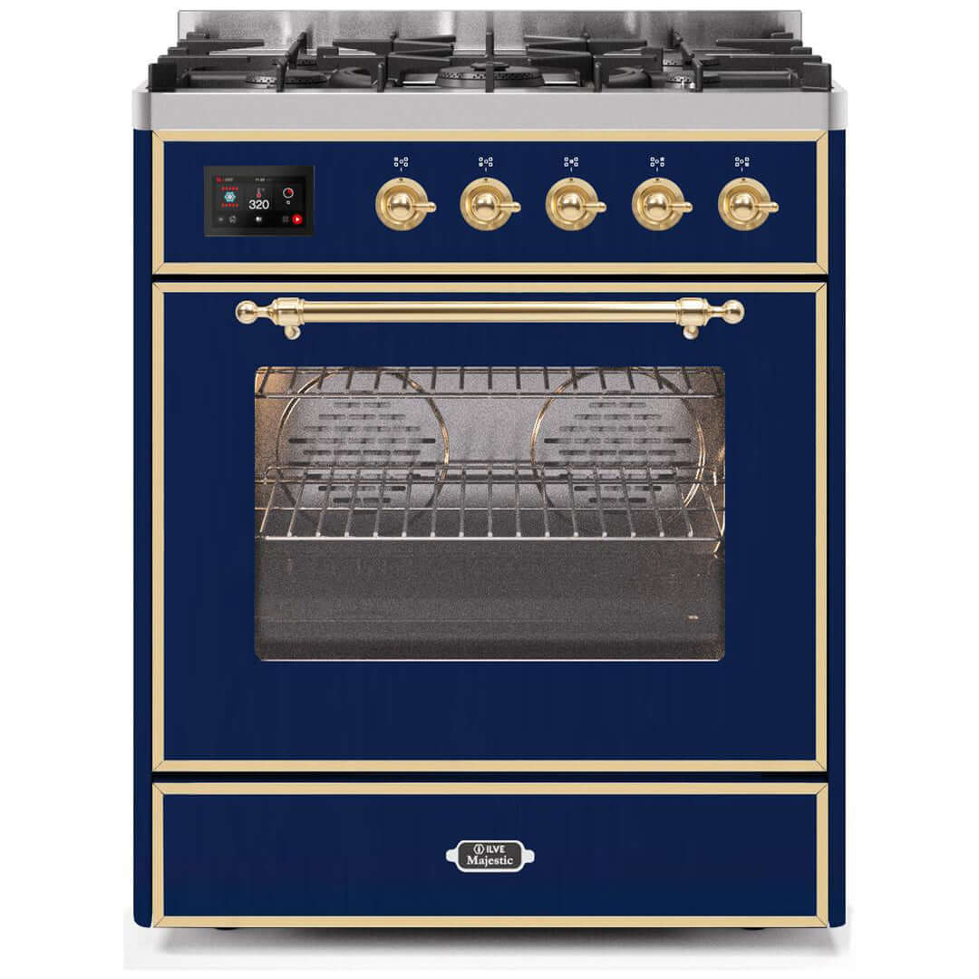 ILVE 30 in. Majestic II Series Freestanding Dual Fuel Single Oven Range with Color and Gas Options (UM30DNE3) with Midnight Blue Door and Finish and Brass Accents