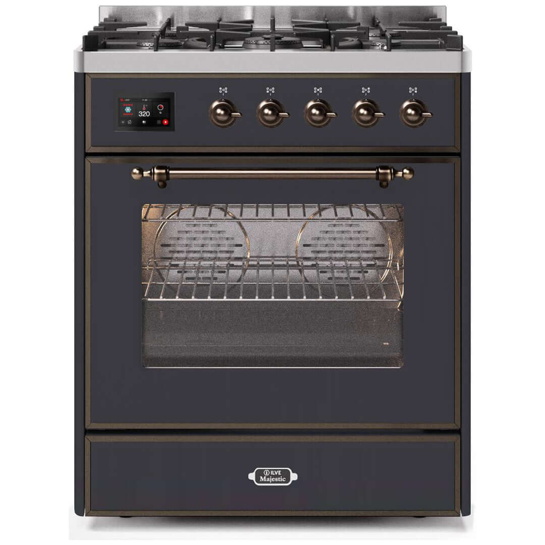 ILVE 30 in. Majestic II Series Freestanding Dual Fuel Single Oven Range with Color and Gas Options (UM30DNE3) with Matte Graphite Door and Finish and Bronze Accents