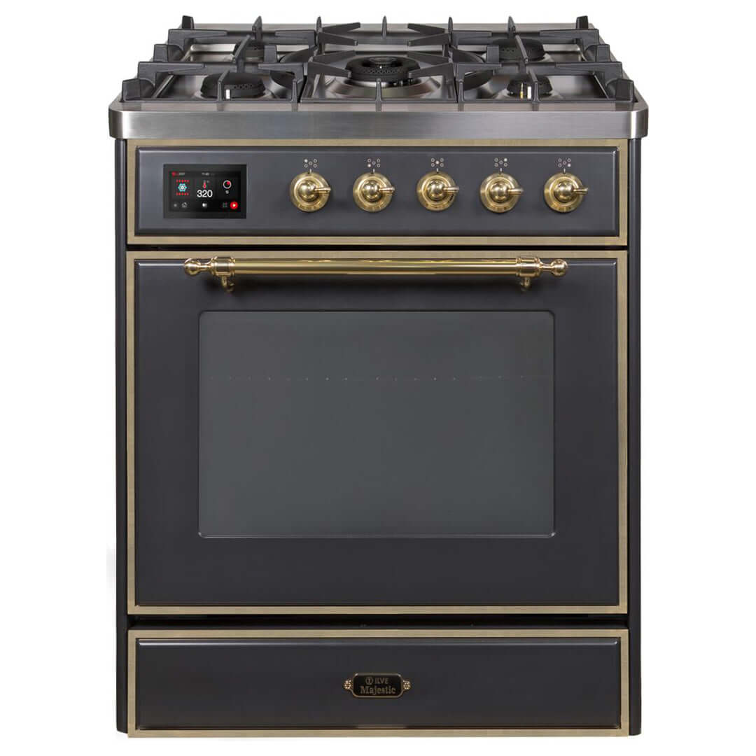 ILVE 30 in. Majestic II Series Freestanding Dual Fuel Single Oven Range with Color and Gas Options (UM30DNE3) with Matte Graphite Door and Finish and Brass Accents