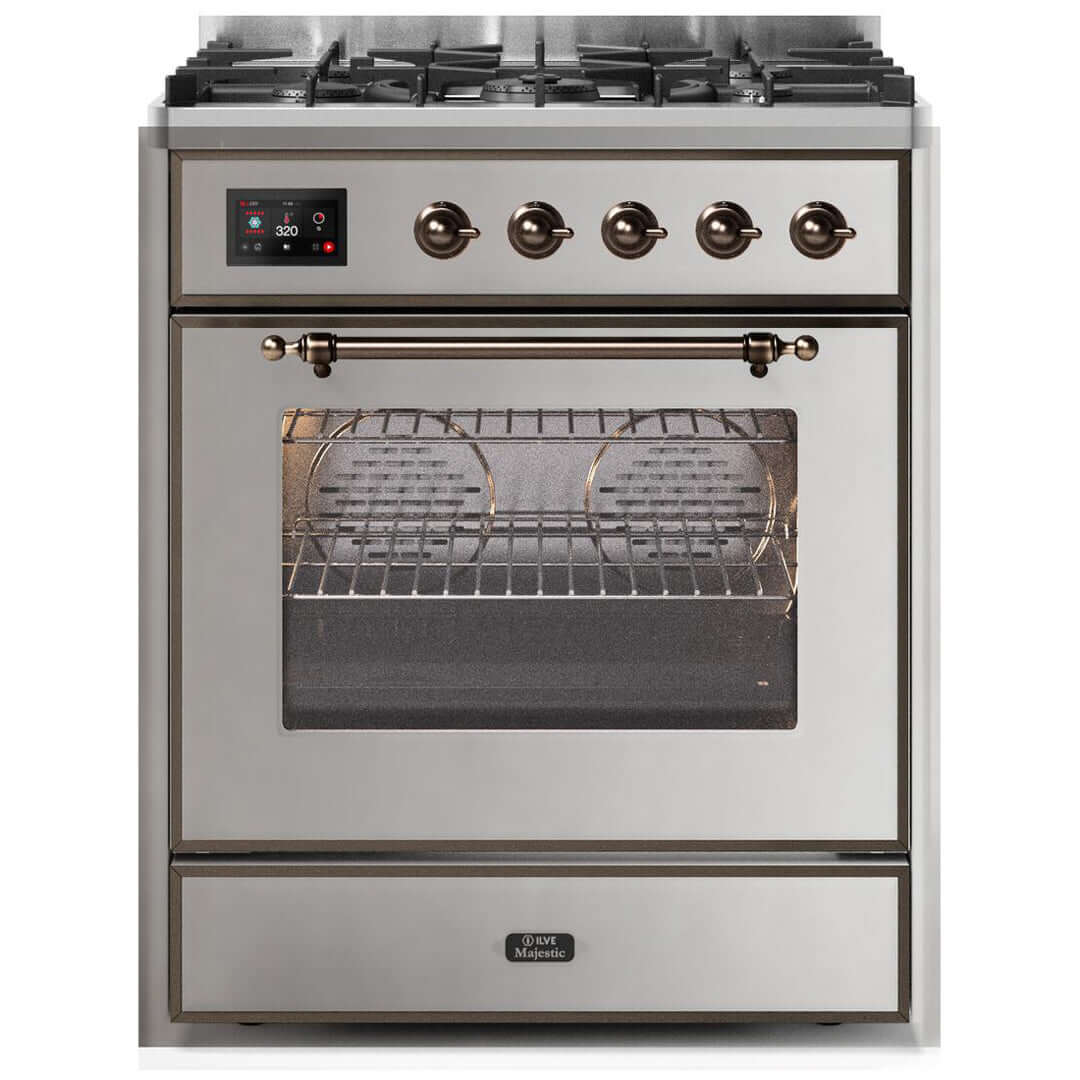 ILVE 30 in. Majestic II Series Freestanding Dual Fuel Single Oven Range with Color and Gas Options (UM30DNE3) with Stainless Steel Door and Bronze Accents