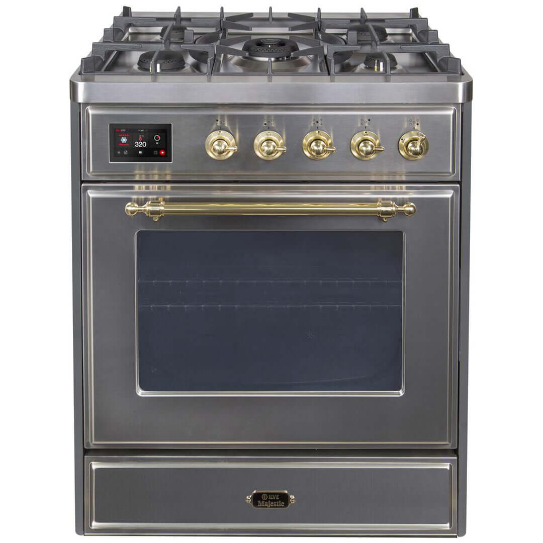 ILVE 30 in. Majestic II Series Freestanding Dual Fuel Single Oven Range with Color and Gas Options (UM30DNE3) with Stainless Steel Door and Brass Accents