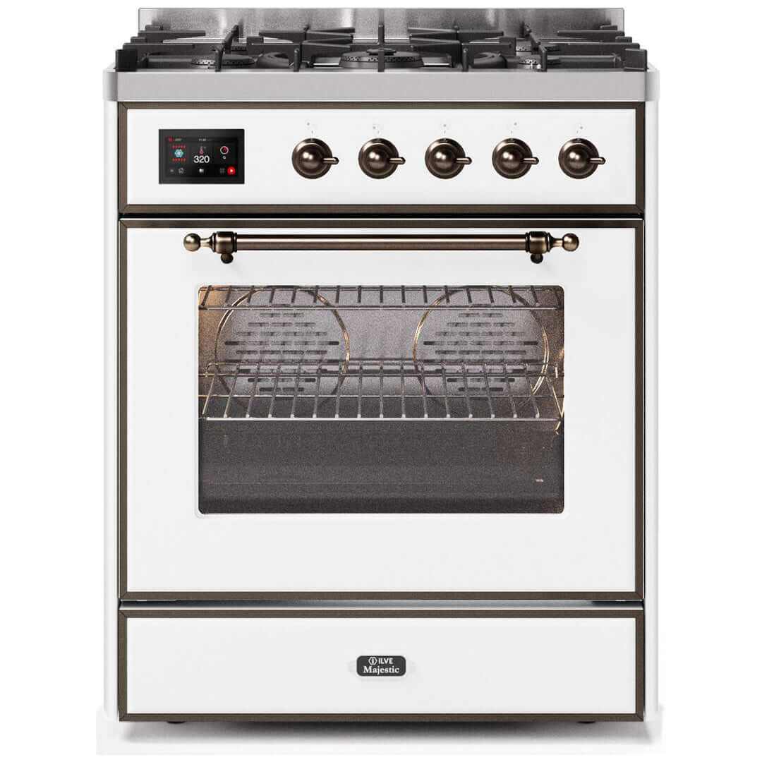 ILVE 30 in. Majestic II Series Freestanding Dual Fuel Single Oven Range with Color and Gas Options (UM30DNE3) with White Door and Finish and Bronze Accents