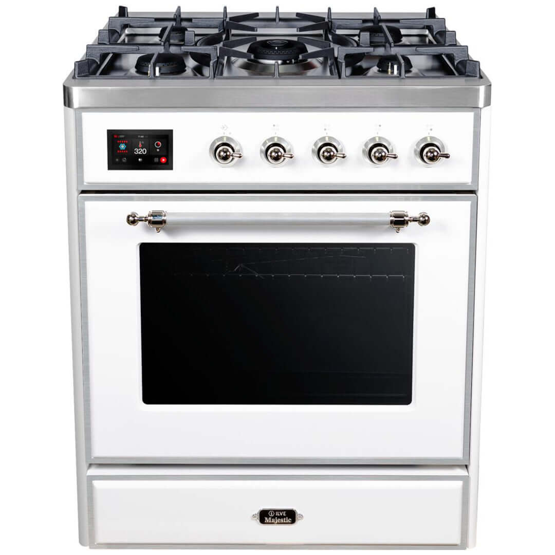 ILVE 30 in. Majestic II Series Freestanding Dual Fuel Single Oven Range with Color and Gas Options (UM30DNE3) with White Door and Finish and Chrome Accents