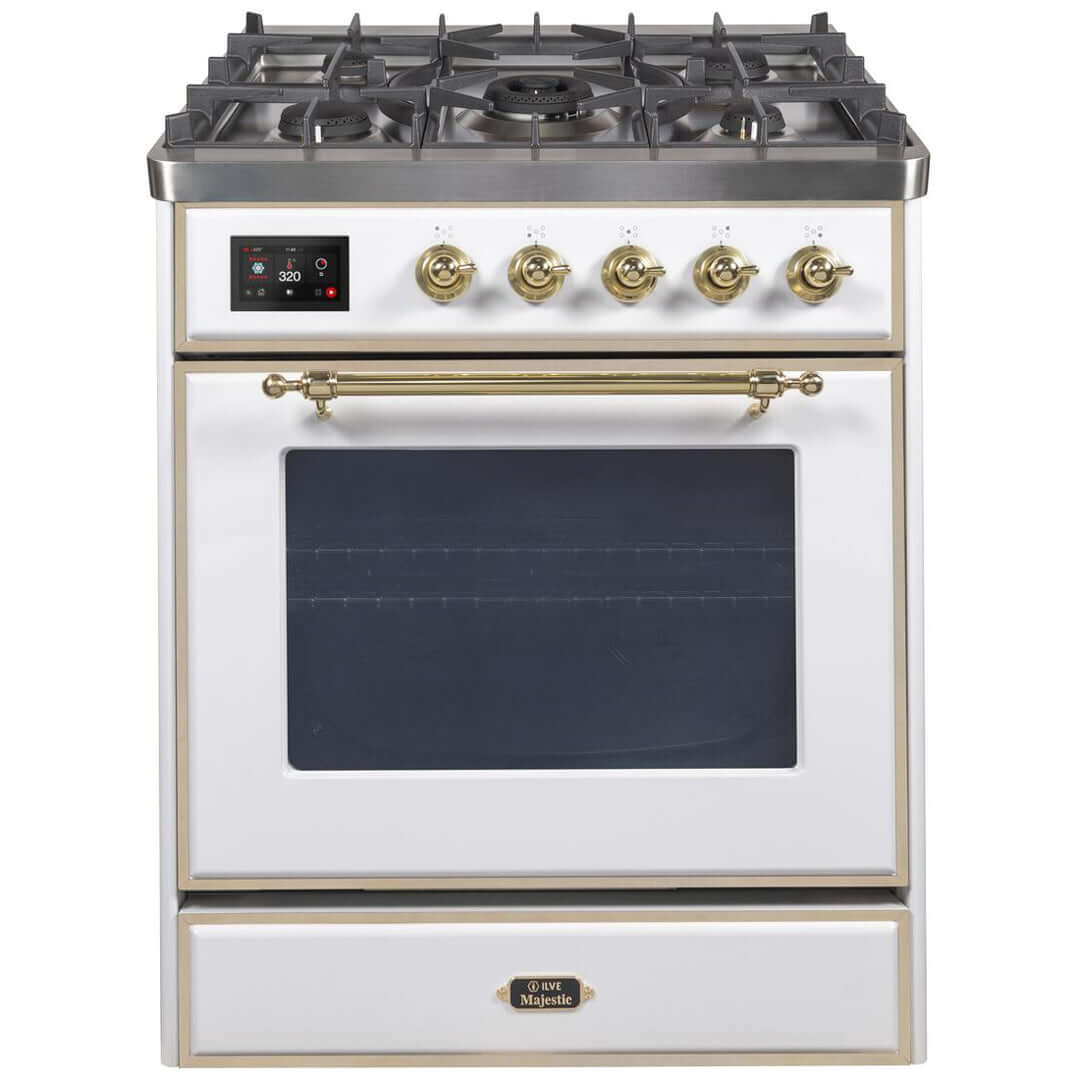 ILVE 30 in. Majestic II Series Freestanding Dual Fuel Single Oven Range with Color and Gas Options (UM30DNE3) with White Door and Finish and Brass Accents