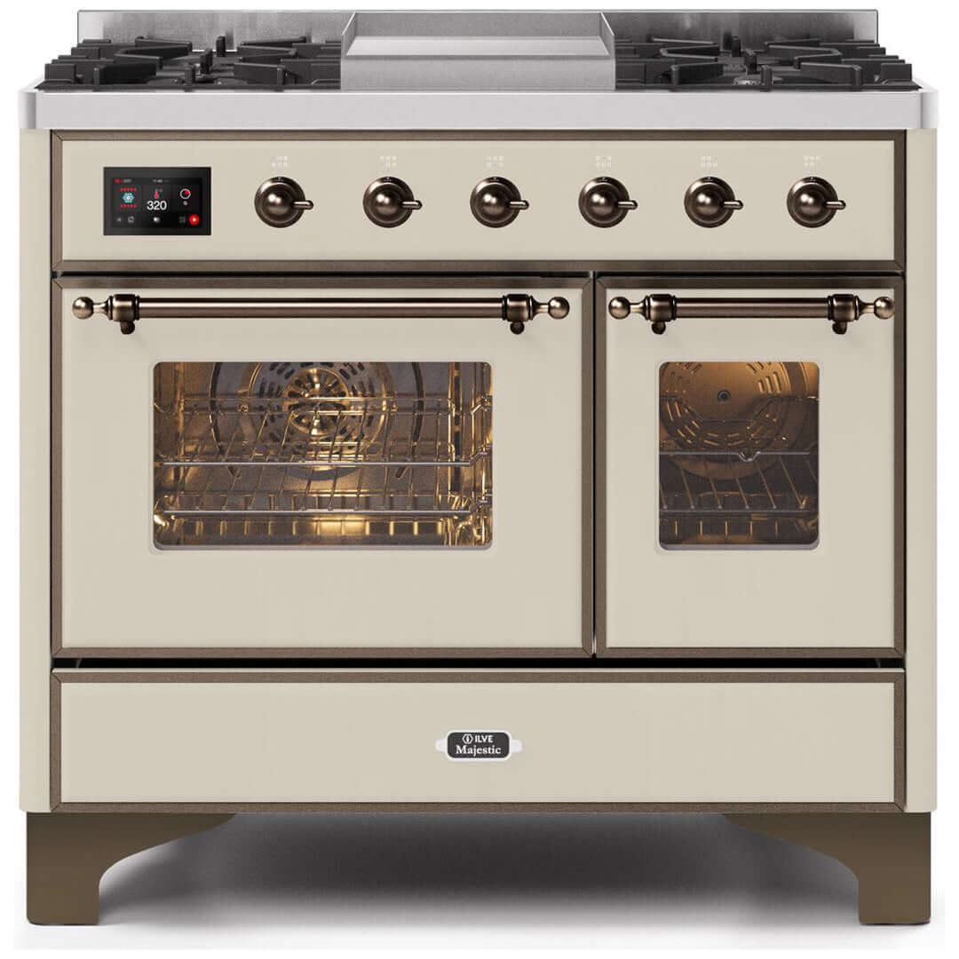 ILVE 40 in. Majestic II Series Freestanding Dual Fuel Double Oven Range and Griddle with Color and Gas Options (UMD10FDNS3) with Antique White Door and Finish and Bronze Accents
