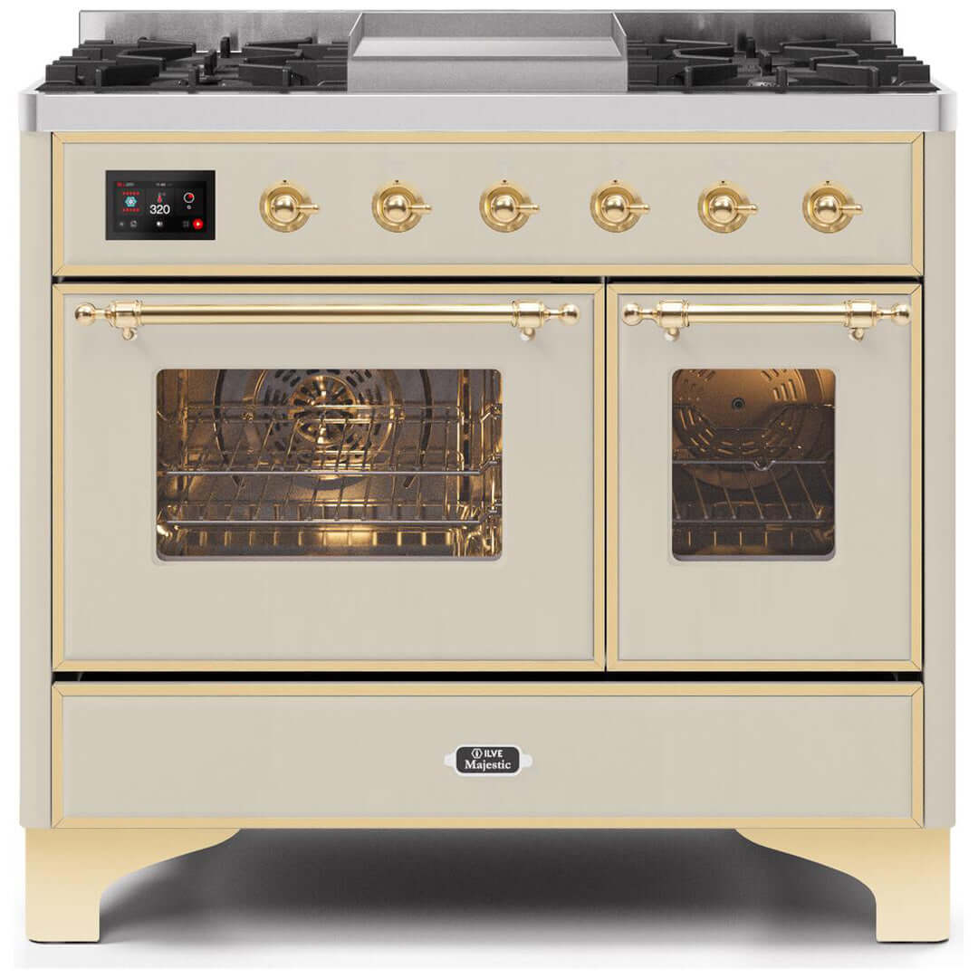 ILVE 40 in. Majestic II Series Freestanding Dual Fuel Double Oven Range and Griddle with Color and Gas Options (UMD10FDNS3) with Antique White Door and Finish and Brass Accents