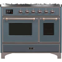 ILVE 40 in. Majestic II Series Freestanding Dual Fuel Double Oven Range and Griddle with Color and Gas Options (UMD10FDNS3) with Blue Grey Door and Finish and Bronze Accents