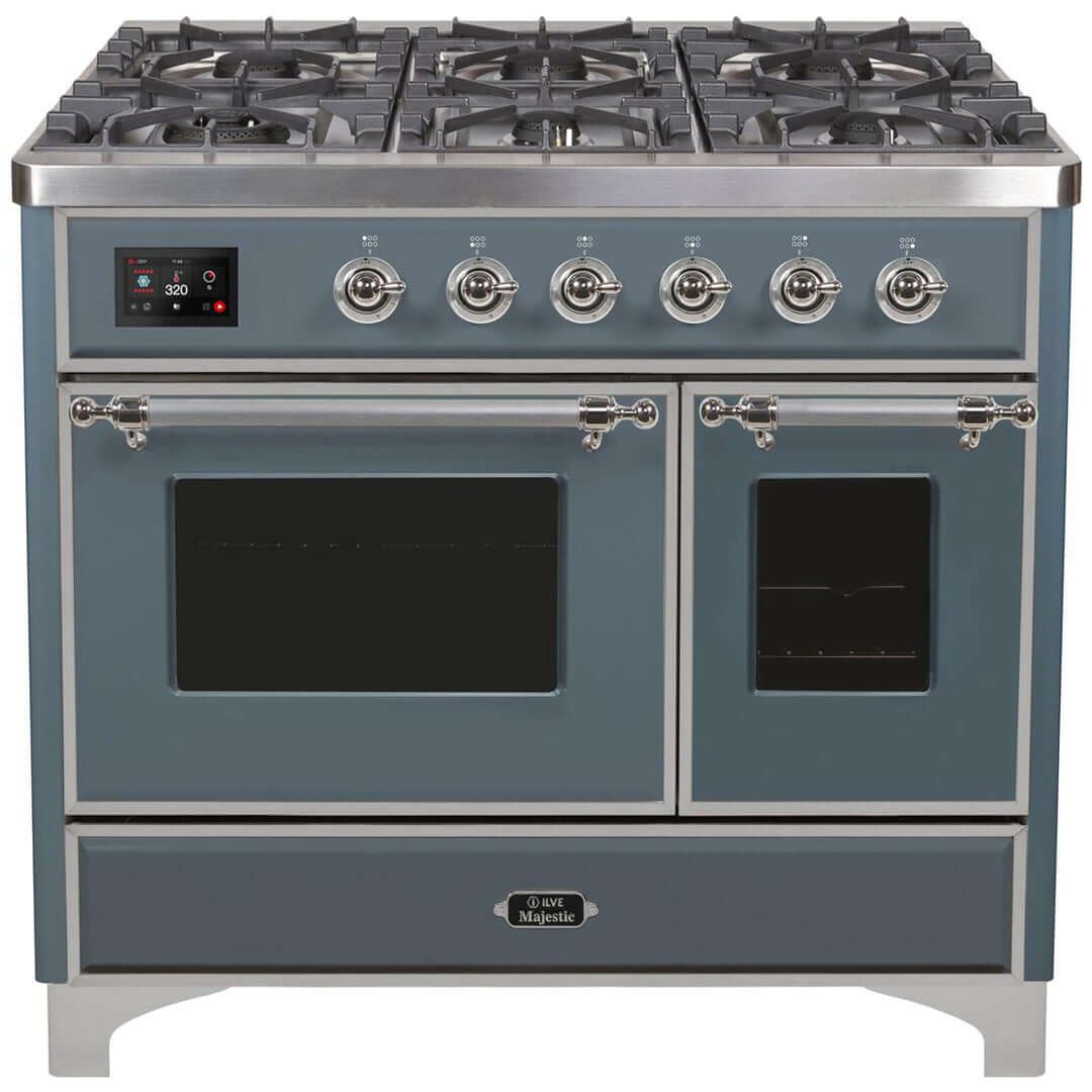 ILVE 40 in. Majestic II Series Freestanding Dual Fuel Double Oven Range and Griddle with Color and Gas Options (UMD10FDNS3) with Blue Grey Door and Finish and Chrome Accents