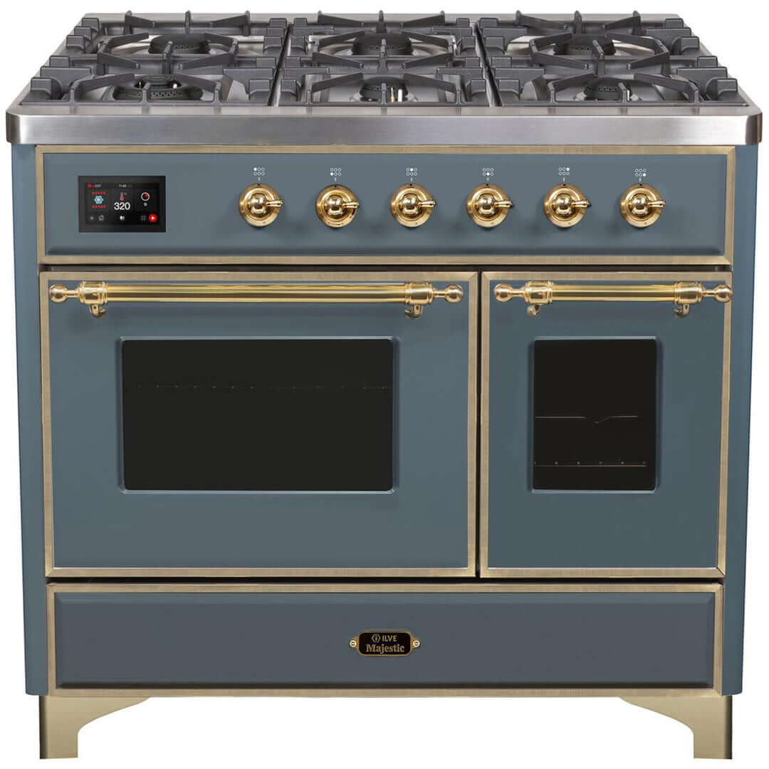 ILVE 40 in. Majestic II Series Freestanding Dual Fuel Double Oven Range and Griddle with Color and Gas Options (UMD10FDNS3) with Blue Grey Door and Finish and Brass Accents