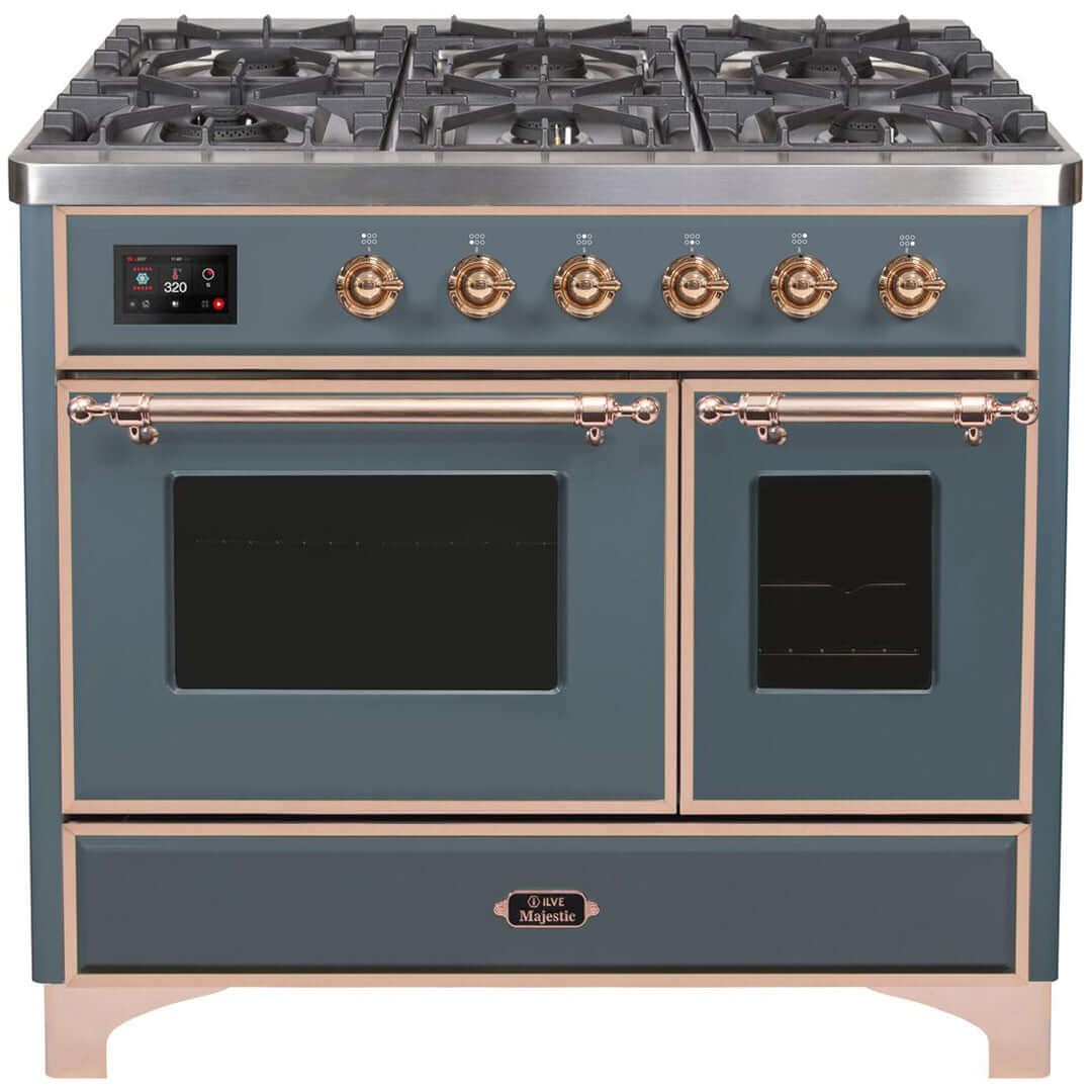 ILVE 40 in. Majestic II Series Freestanding Dual Fuel Double Oven Range and Griddle with Color and Gas Options (UMD10FDNS3) with Blue Grey Door and Finish and Copper Accents