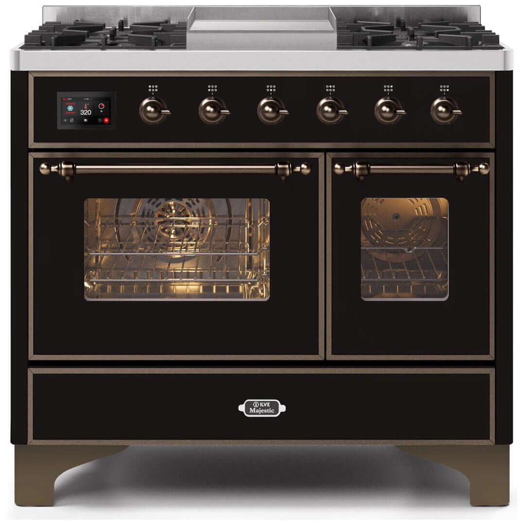 ILVE 40 in. Majestic II Series Freestanding Dual Fuel Double Oven Range and Griddle with Color and Gas Options (UMD10FDNS3) with Glossy Black Door and Finish and Bronze Accents