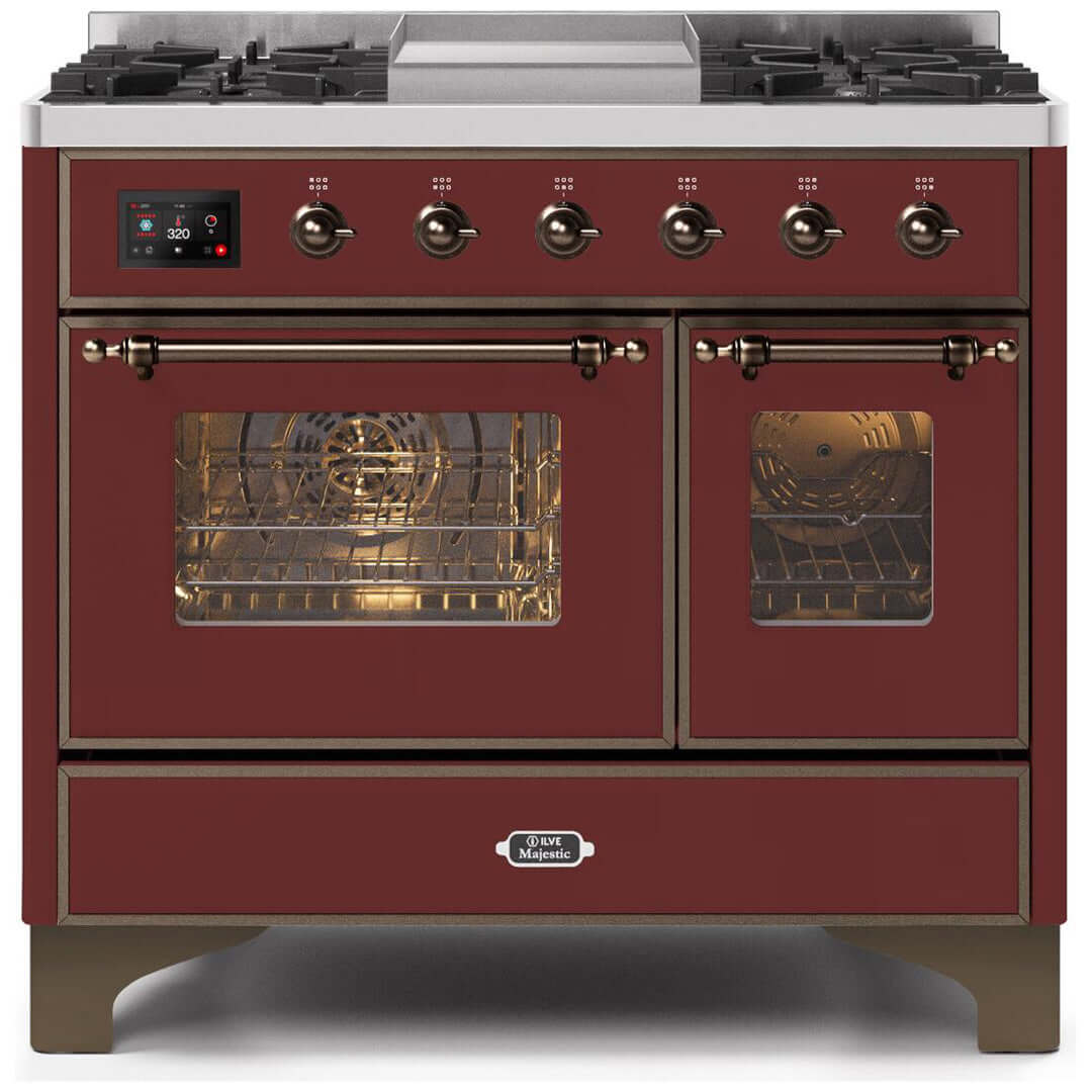 ILVE 40 in. Majestic II Series Freestanding Dual Fuel Double Oven Range and Griddle with Color and Gas Options (UMD10FDNS3) with Burgundy Door and Finish and Bronze Accents