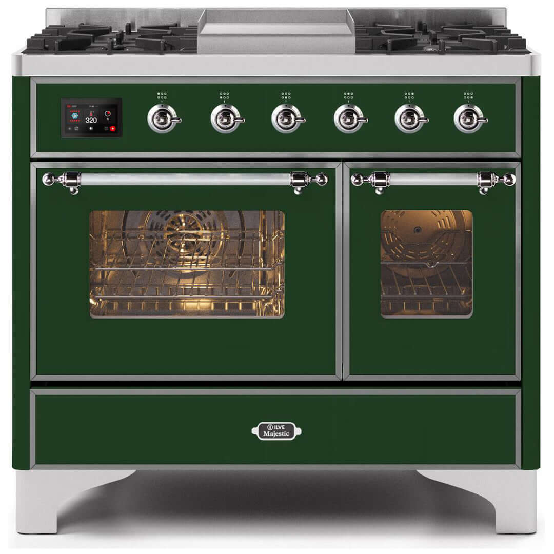 ILVE 40 in. Majestic II Series Freestanding Dual Fuel Double Oven Range and Griddle with Color and Gas Options (UMD10FDNS3) with Emerald Green Door and Finish and Chrome Accents