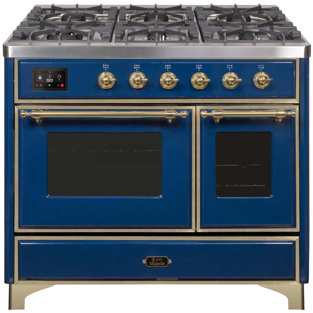 ILVE 40 in. Majestic II Series Freestanding Dual Fuel Double Oven Range and Griddle with Color and Gas Options (UMD10FDNS3) with Midnight Blue Door and Finish and Brass Accents