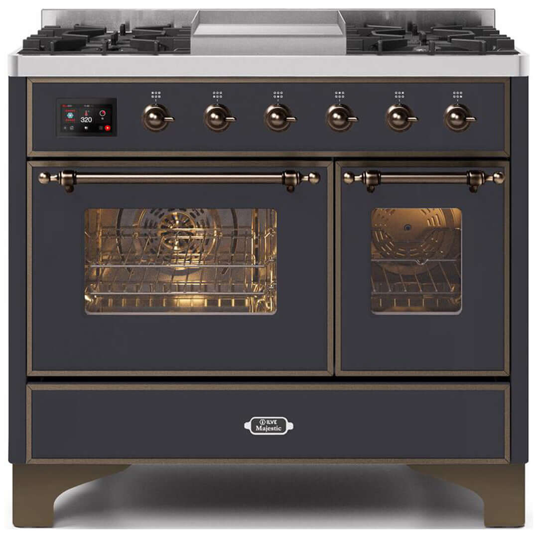 ILVE 40 in. Majestic II Series Freestanding Dual Fuel Double Oven Range and Griddle with Color and Gas Options (UMD10FDNS3) with Matte Graphite Door and Finish and Bronze Accents