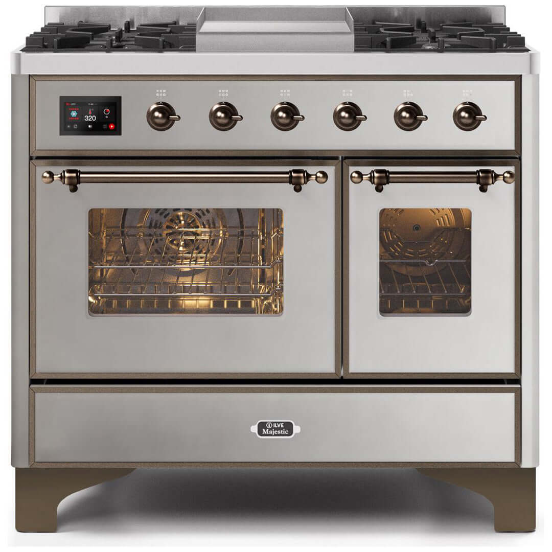 ILVE 40 in. Majestic II Series Freestanding Dual Fuel Double Oven Range and Griddle with Color and Gas Options (UMD10FDNS3) with Stainless Steel Door and Finish and Bronze Accents