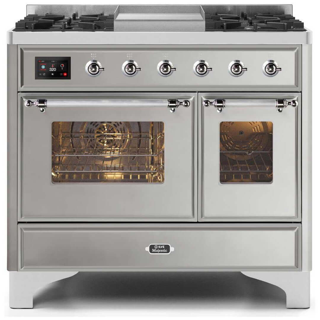 ILVE 40 in. Majestic II Series Freestanding Dual Fuel Double Oven Range and Griddle with Color and Gas Options (UMD10FDNS3) with Stainless Steel Door and Finish and Chrome Accents