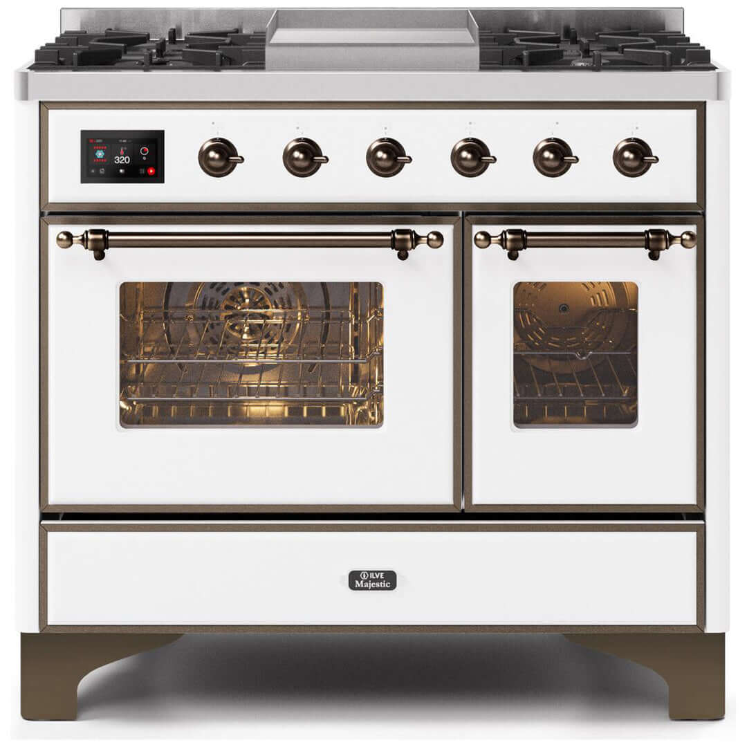 ILVE 40 in. Majestic II Series Freestanding Dual Fuel Double Oven Range and Griddle with Color and Gas Options (UMD10FDNS3) with White Door and Finish and Bronze Accents