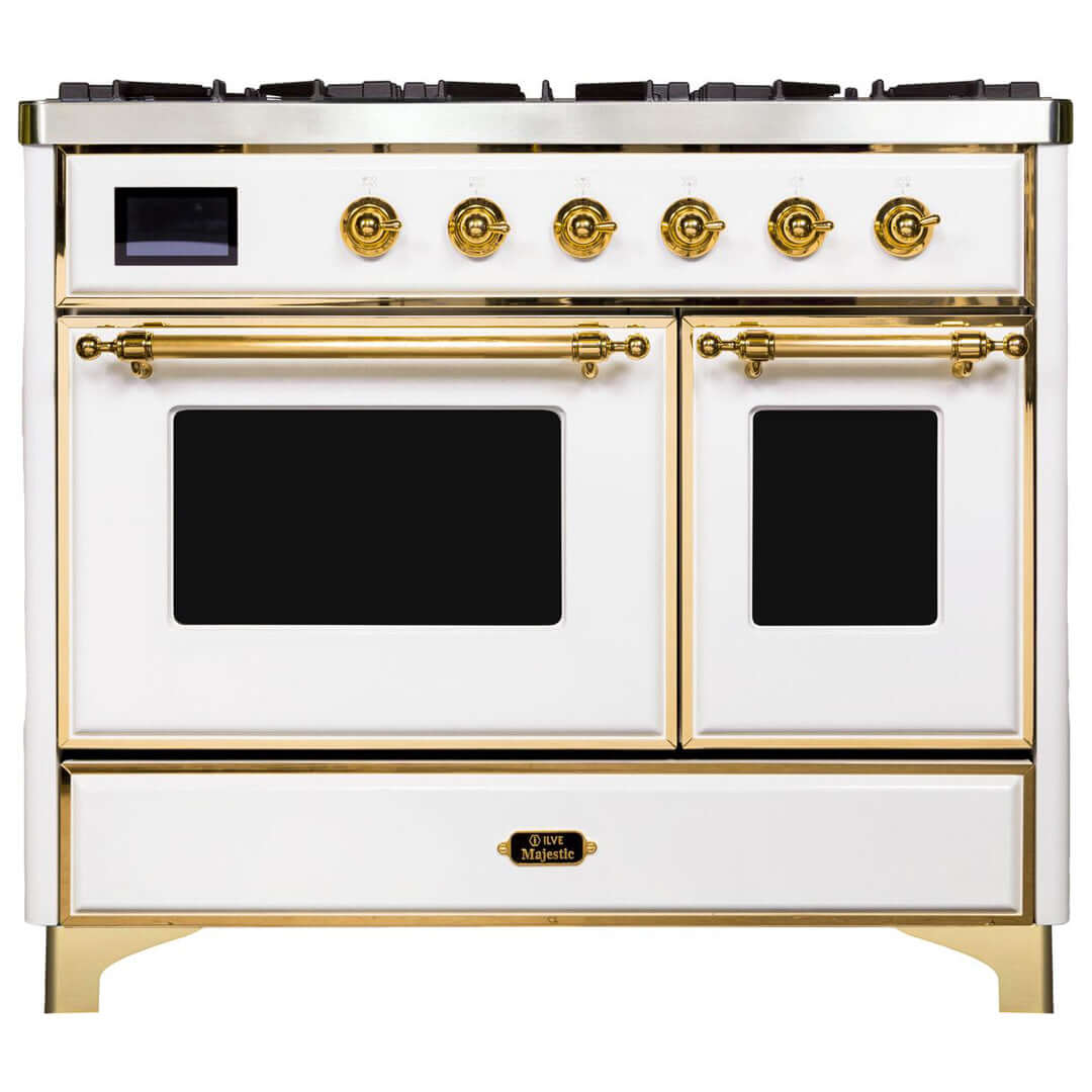 ILVE 40 in. Majestic II Series Freestanding Dual Fuel Double Oven Range and Griddle with Color and Gas Options (UMD10FDNS3) with White Door and Finish and Brass Accents
