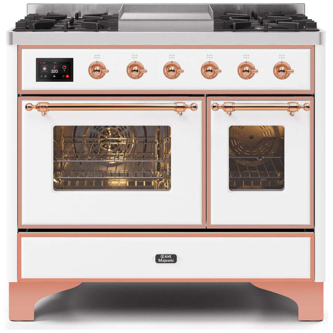 ILVE 40 in. Majestic II Series Freestanding Dual Fuel Double Oven Range and Griddle with Color and Gas Options (UMD10FDNS3) with White Door and Finish and Copper Accents