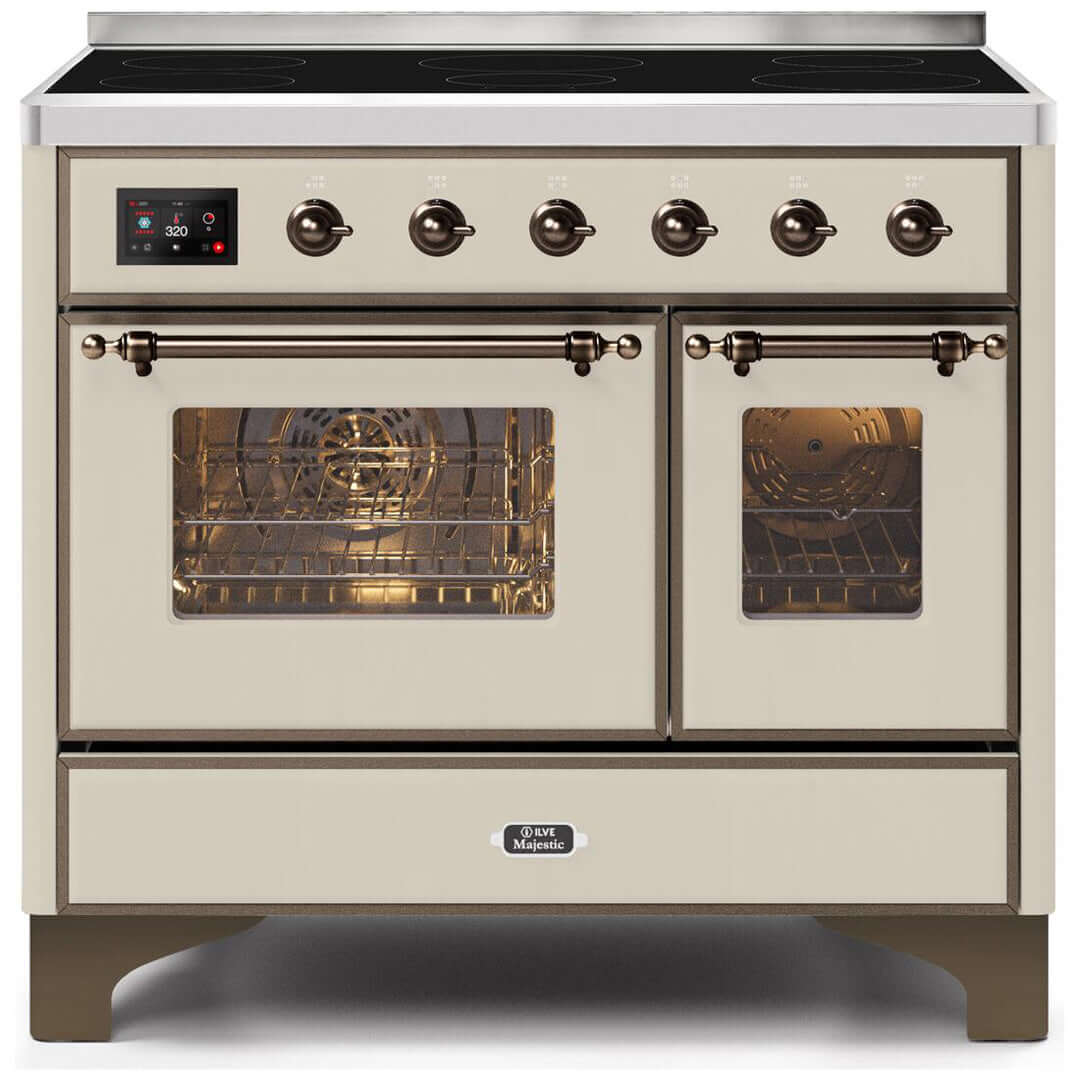 ILVE 40 in. Majestic II Series Freestanding Double Oven Induction Range with a 6 Element Stove and Electric Oven with Color and Accent Options (UMDI10NS3) with Antique White Door and Finish and Brass Accents