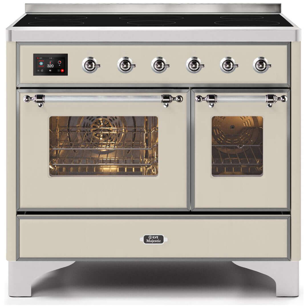 ILVE 40 in. Majestic II Series Freestanding Double Oven Induction Range with a 6 Element Stove and Electric Oven with Color and Accent Options (UMDI10NS3) with Antique White Door and Finish and Chrome Accents