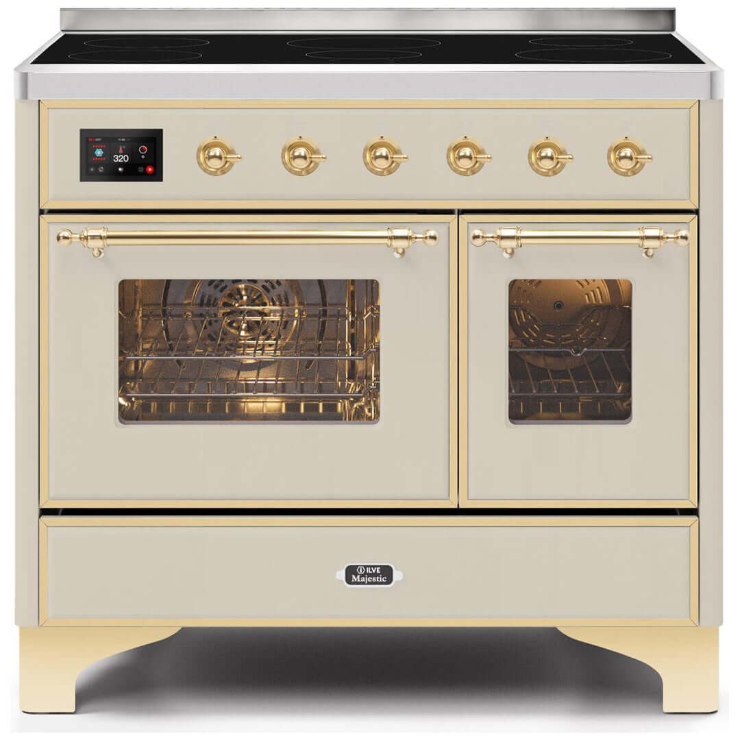 ILVE 40 in. Majestic II Series Freestanding Double Oven Induction Range with a 6 Element Stove and Electric Oven with Color and Accent Options (UMDI10NS3) with Antique White Door and Finish and Bronze Accents