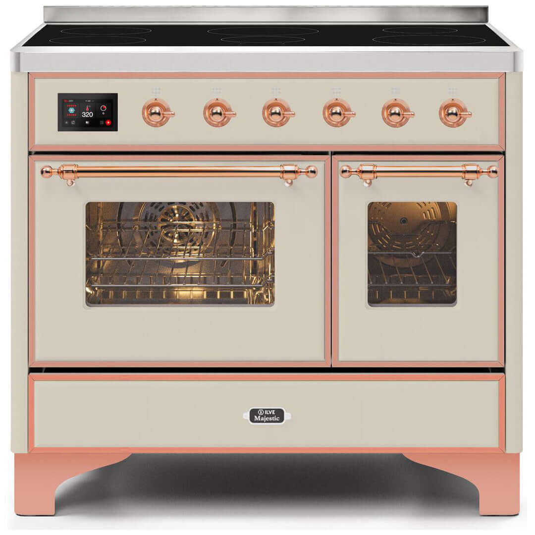 ILVE 40 in. Majestic II Series Freestanding Double Oven Induction Range with a 6 Element Stove and Electric Oven with Color and Accent Options (UMDI10NS3) with Antique White Door and Finish and Copper Accents