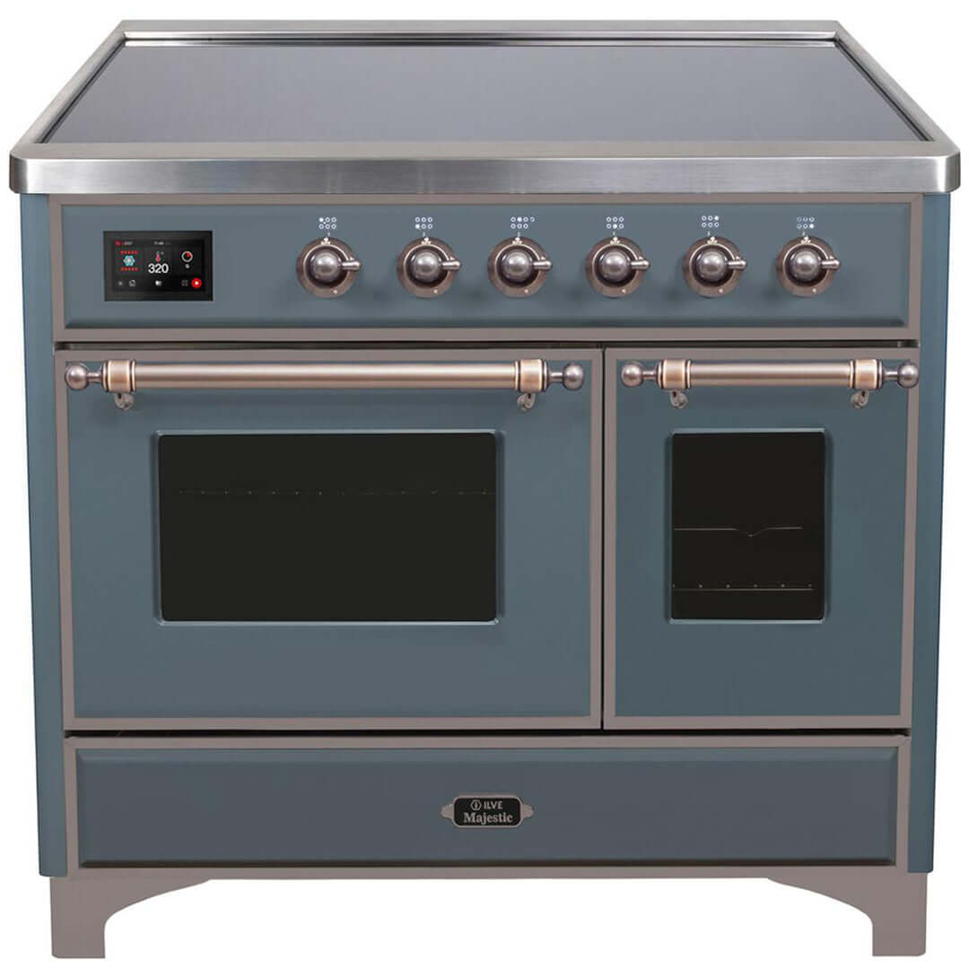 ILVE 40 in. Majestic II Series Freestanding Double Oven Induction Range with a 6 Element Stove and Electric Oven with Color and Accent Options (UMDI10NS3) with Blue Grey Door and Finish and Brass Accents