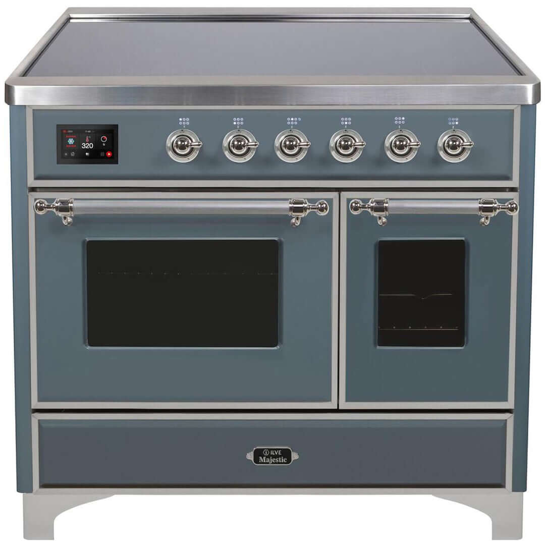 ILVE 40 in. Majestic II Series Freestanding Double Oven Induction Range with a 6 Element Stove and Electric Oven with Color and Accent Options (UMDI10NS3) with Blue Grey Door and Finish and Chrome Accents