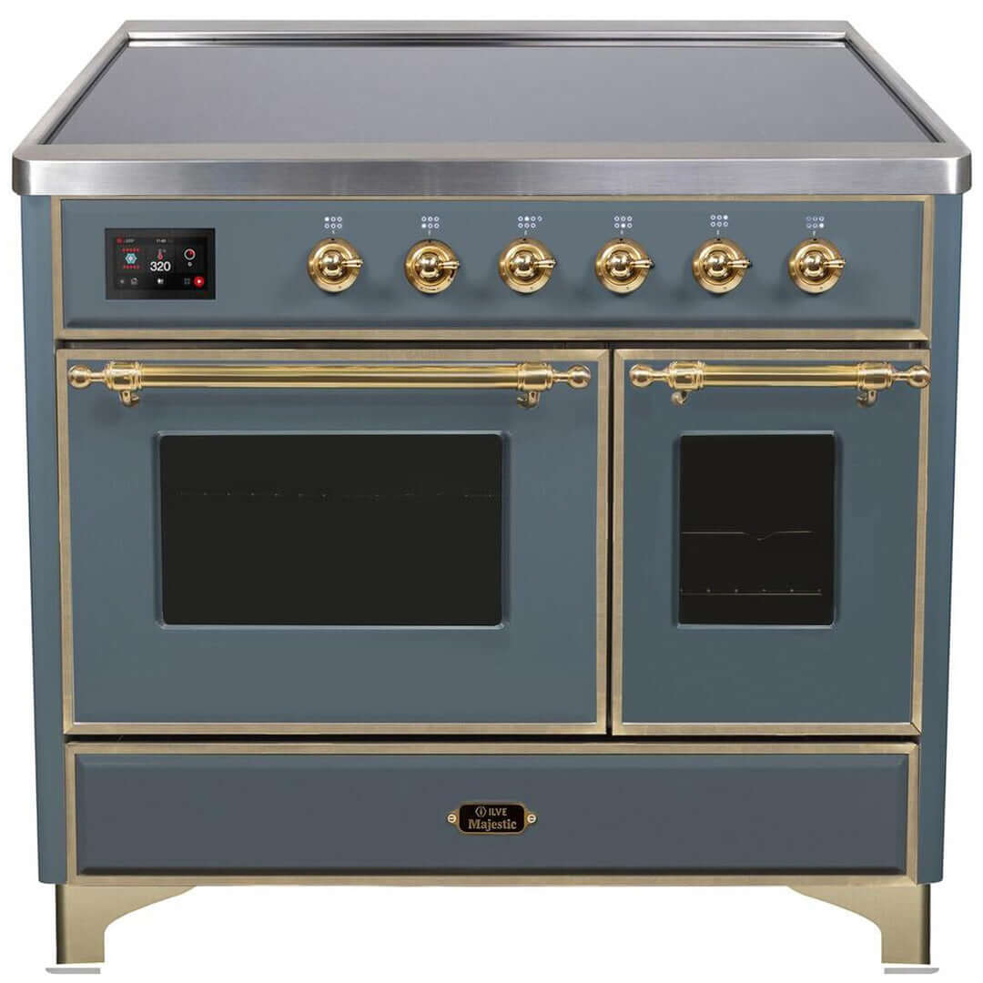 ILVE 40 in. Majestic II Series Freestanding Double Oven Induction Range with a 6 Element Stove and Electric Oven with Color and Accent Options (UMDI10NS3) with Blue Grey Door and Finish and Bronze Accents