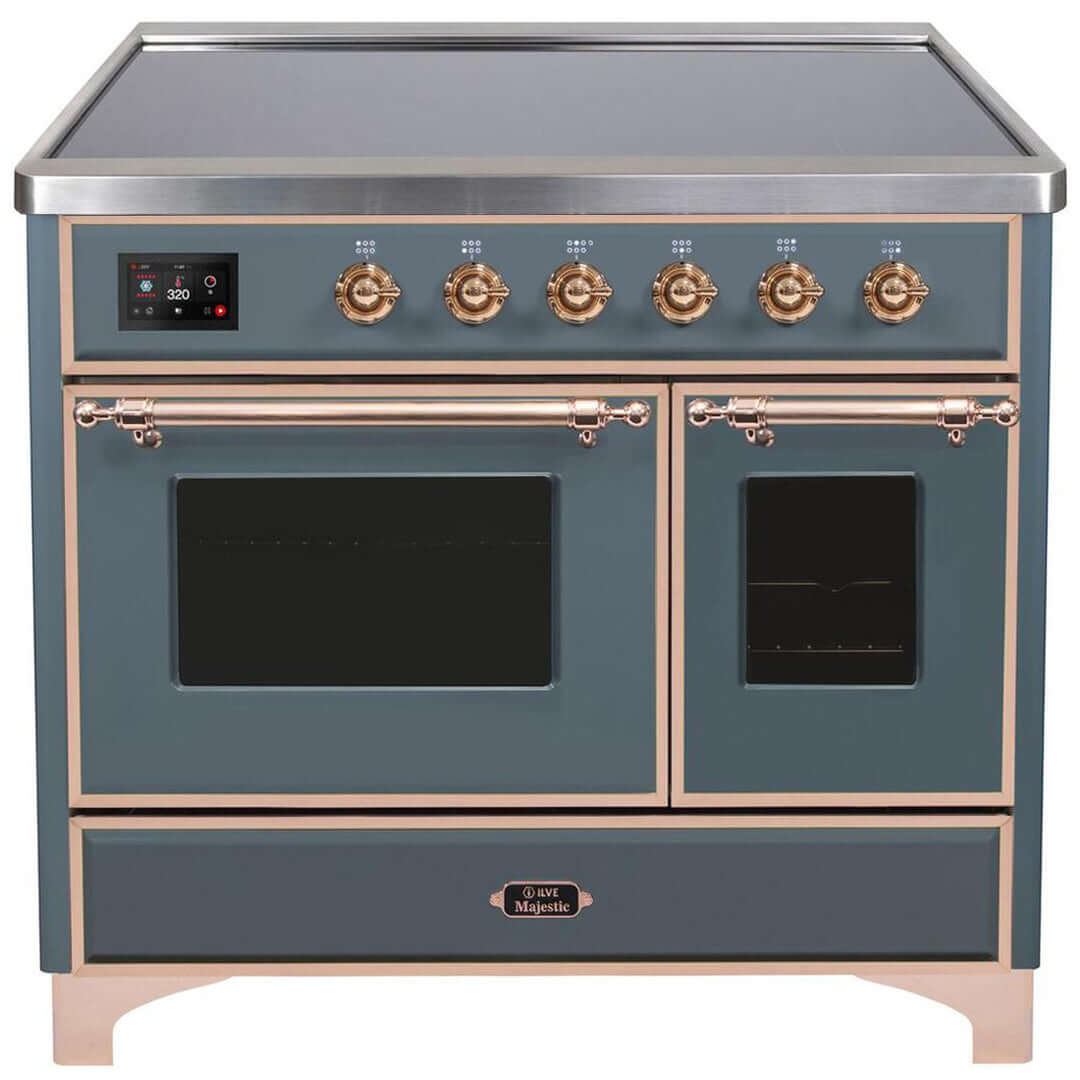 ILVE 40 in. Majestic II Series Freestanding Double Oven Induction Range with a 6 Element Stove and Electric Oven with Color and Accent Options (UMDI10NS3) with Blue Grey Door and Finish and Copper Accents