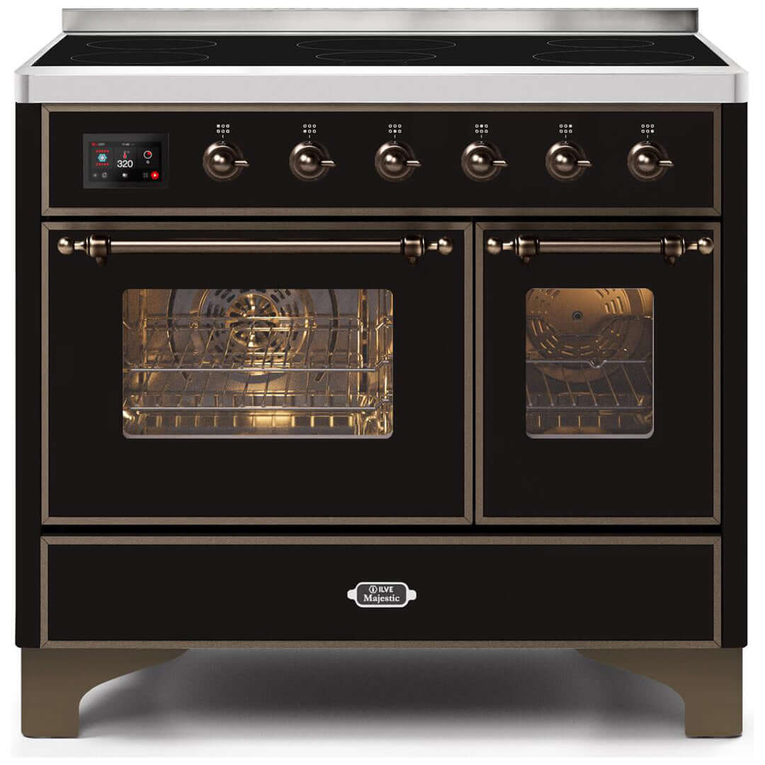 ILVE 40 in. Majestic II Series Freestanding Double Oven Induction Range with a 6 Element Stove and Electric Oven with Color and Accent Options (UMDI10NS3) with Glossy Black Door and Finish and Brass Accents