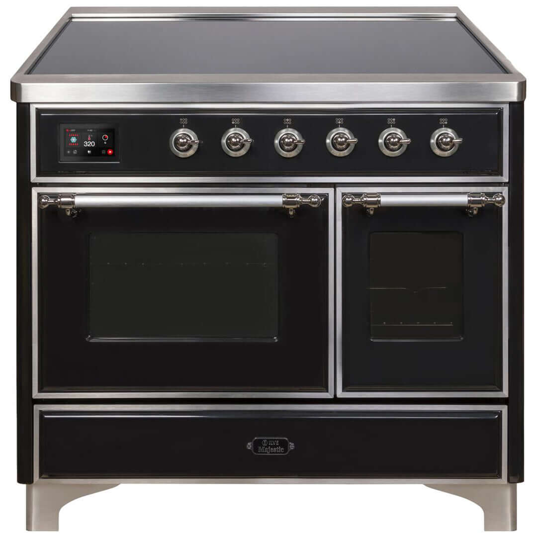 ILVE 40 in. Majestic II Series Freestanding Double Oven Induction Range with a 6 Element Stove and Electric Oven with Color and Accent Options (UMDI10NS3) with Glossy Black Door and Finish and Chrome Accents